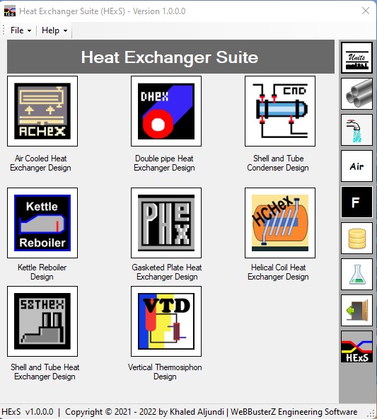 main screen for heat exchanger suite